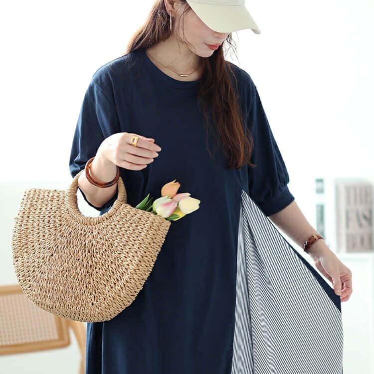 大きいサイズ レディース ストライプ切り替えアシンメトリーワンピース　cast-5544047