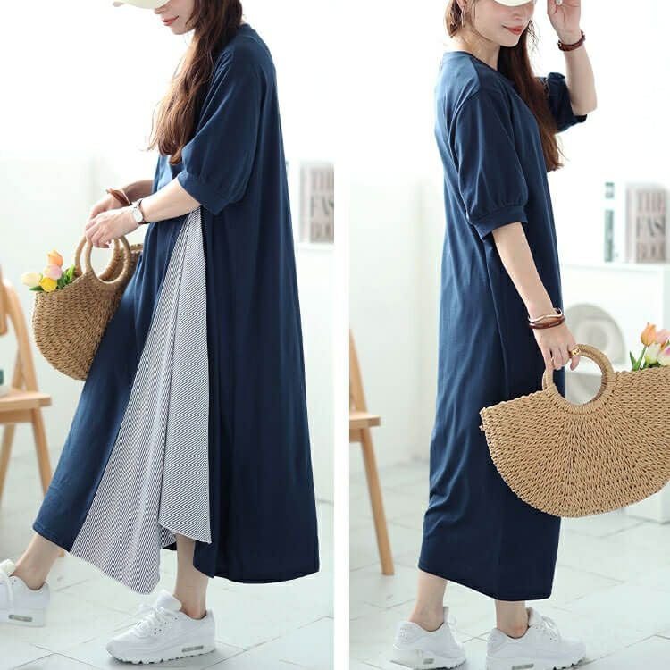 大きいサイズ レディース ストライプ切り替えアシンメトリーワンピース　cast-5544047