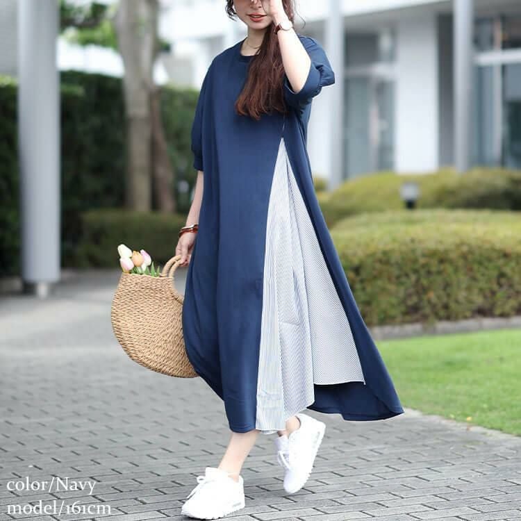大きいサイズ レディース ストライプ切り替えアシンメトリーワンピース　cast-5544047 ネイビー