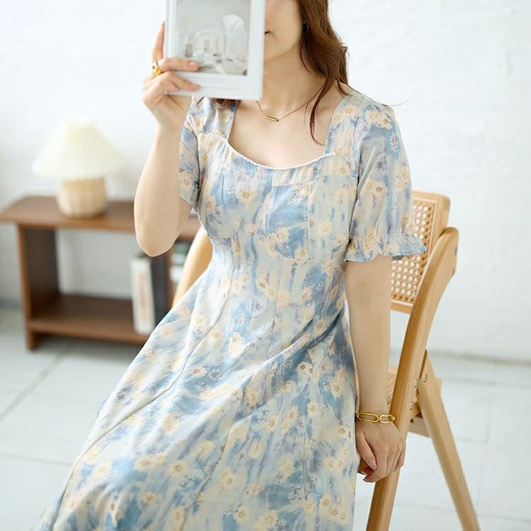 大きいサイズ レディース パールネック花柄ロングワンピース　goldy-1546