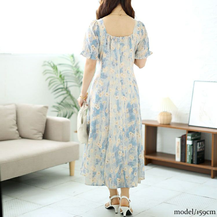 大きいサイズ レディース パールネック花柄ロングワンピース　goldy-1546