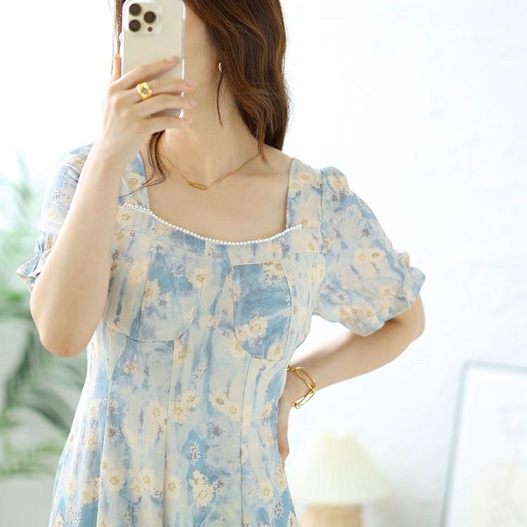 大きいサイズ レディース パールネック花柄ロングワンピース　goldy-1546