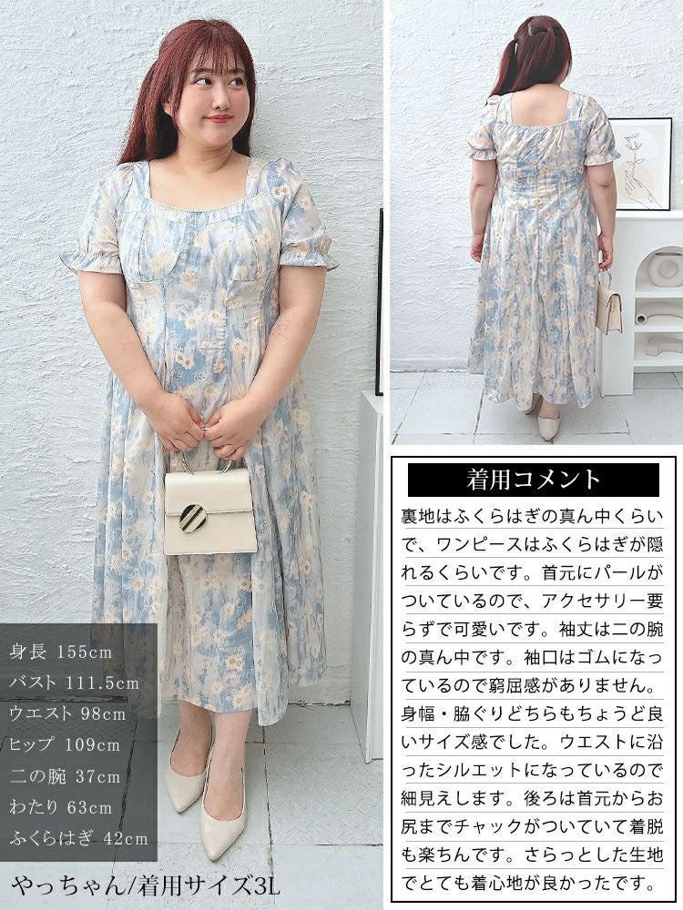 大きいサイズ レディース パールネック花柄ロングワンピース　goldy-1546