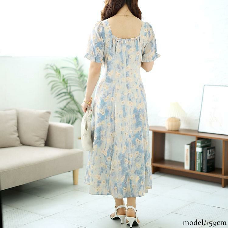大きいサイズ レディース パールネック花柄ロングワンピース　goldy-1546 ブルー