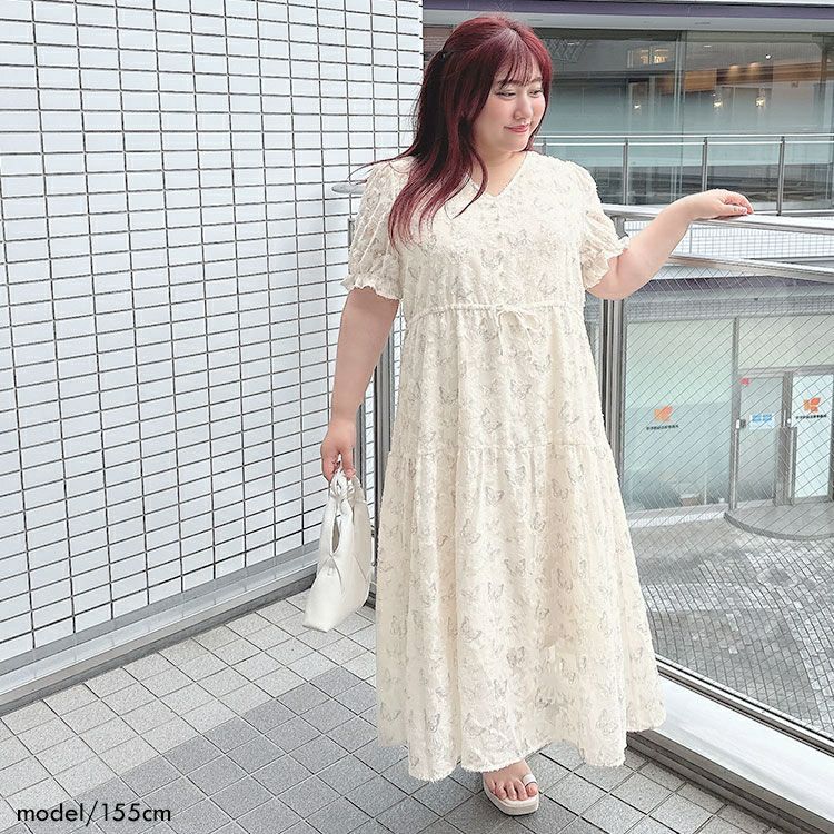 大きいサイズ レディース 蝶々柄ウエストリボンロングワンピース goldy
