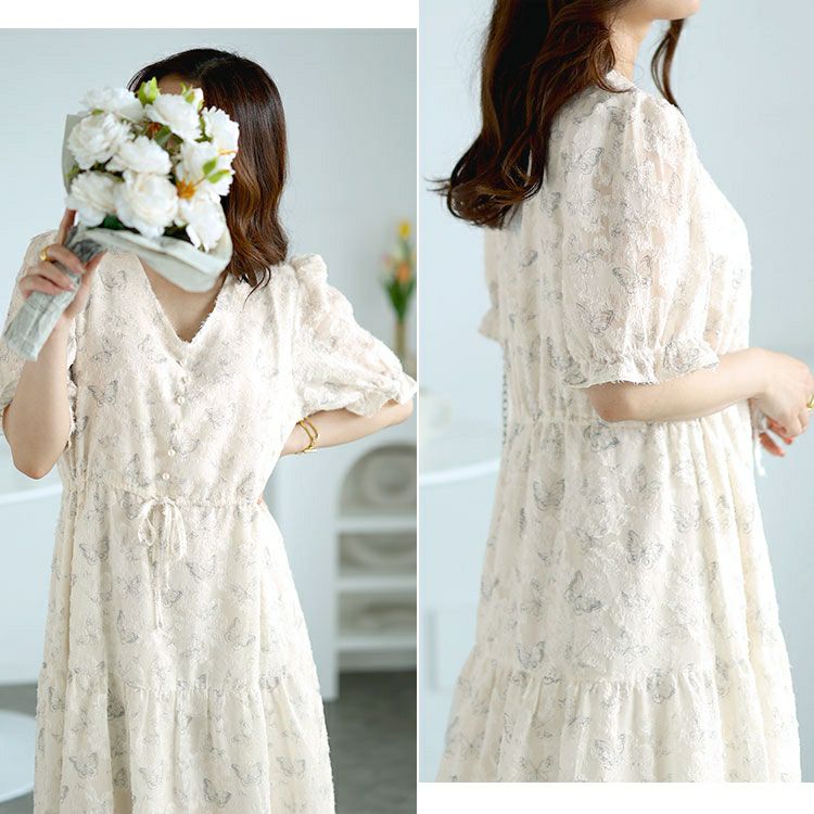 大きいサイズ レディース 蝶々柄ウエストリボンロングワンピース　goldy-1536