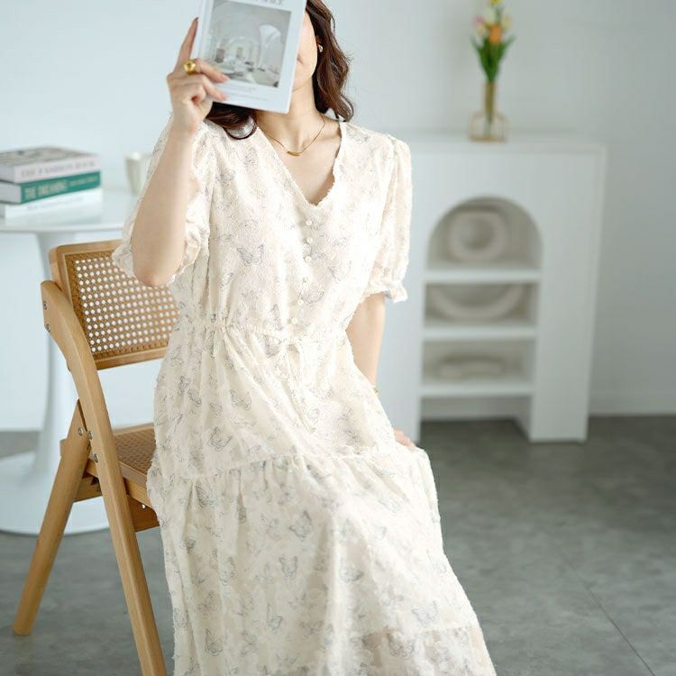 大きいサイズ レディース 蝶々柄ウエストリボンロングワンピース　goldy-1536