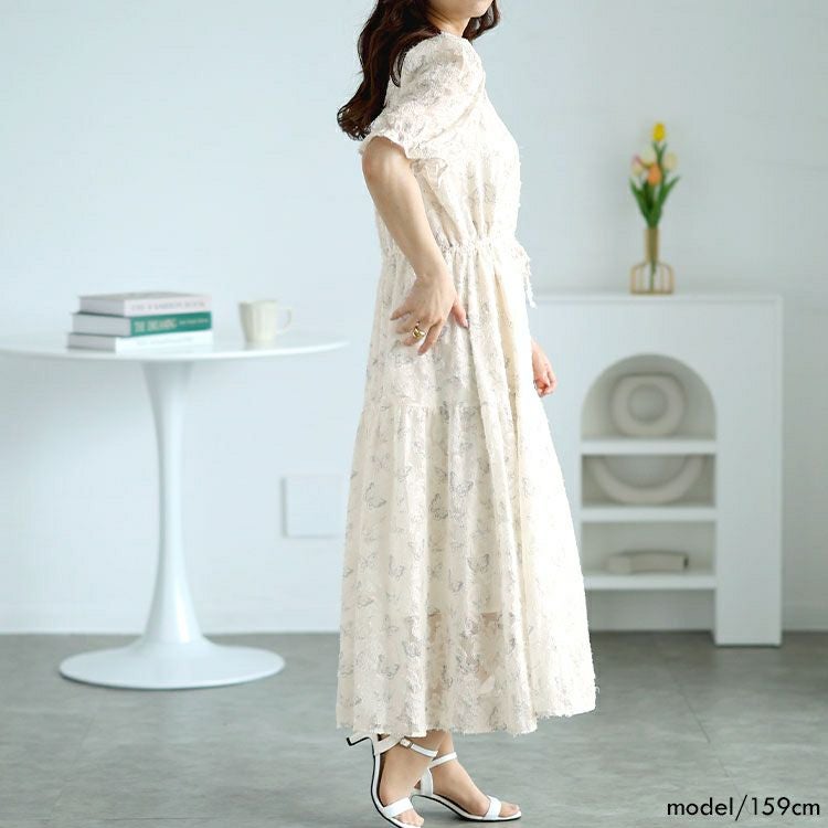 大きいサイズ レディース 蝶々柄ウエストリボンロングワンピース　goldy-1536