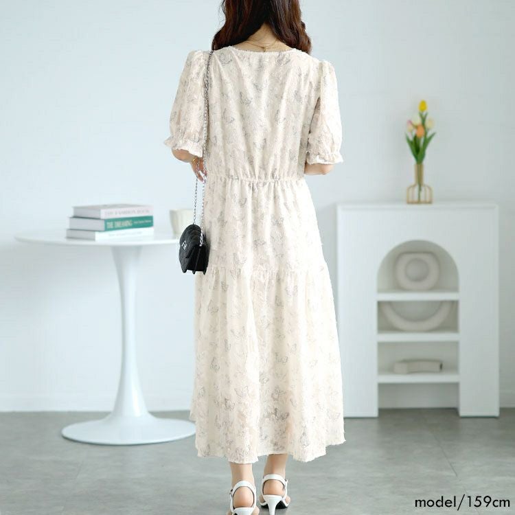 大きいサイズ レディース 蝶々柄ウエストリボンロングワンピース　goldy-1536