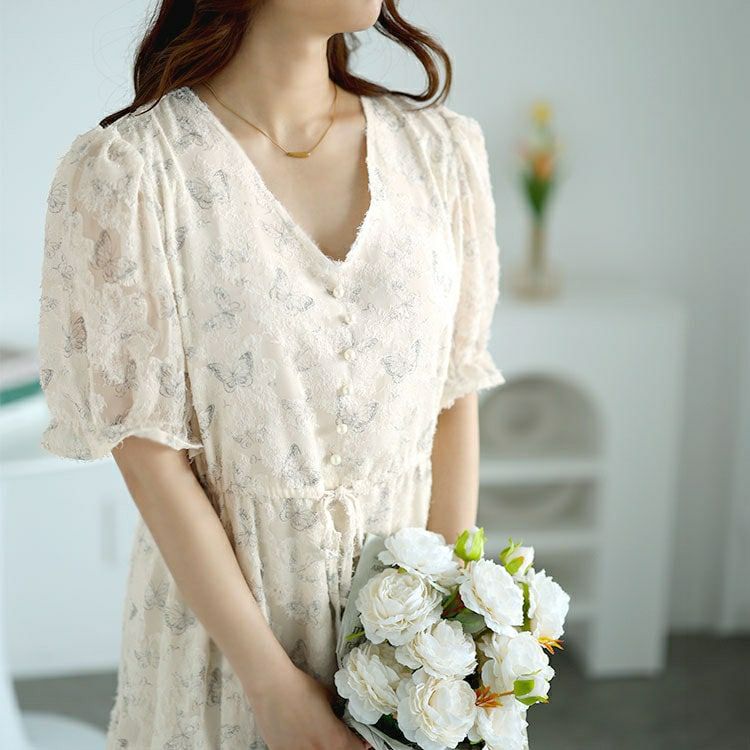 大きいサイズ レディース 蝶々柄ウエストリボンロングワンピース　goldy-1536