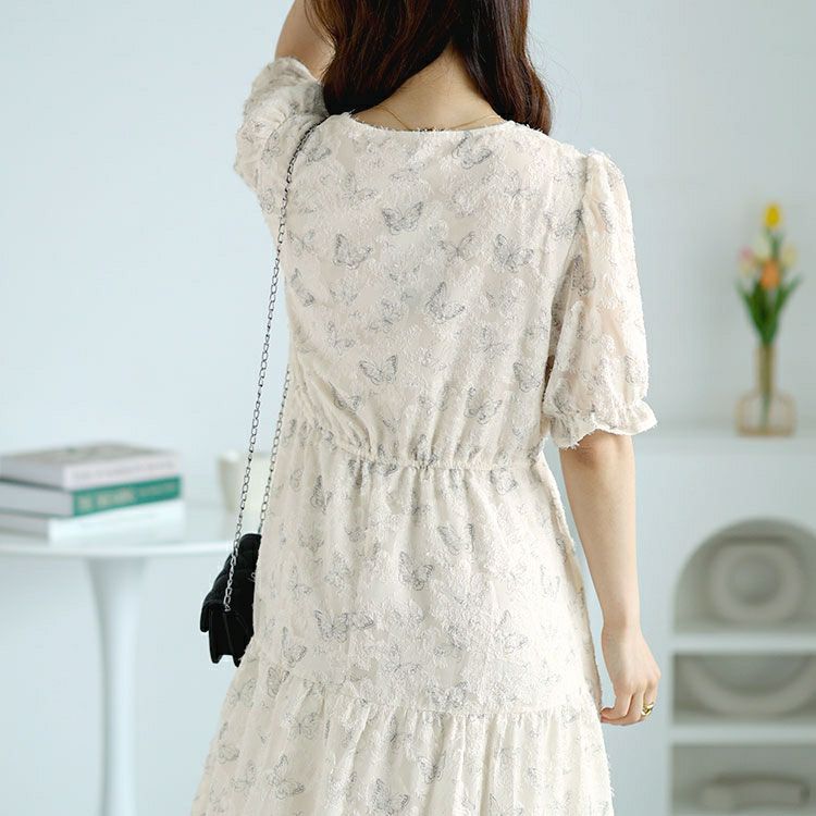 大きいサイズ レディース 蝶々柄ウエストリボンロングワンピース　goldy-1536