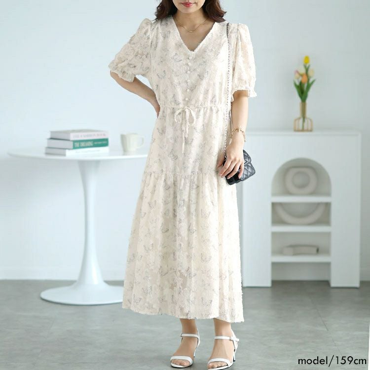 大きいサイズ レディース 蝶々柄ウエストリボンロングワンピース　goldy-1536