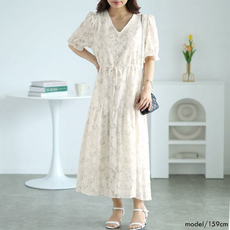 大きいサイズ レディース 蝶々柄ウエストリボンロングワンピース　goldy-1536 オフホワイト