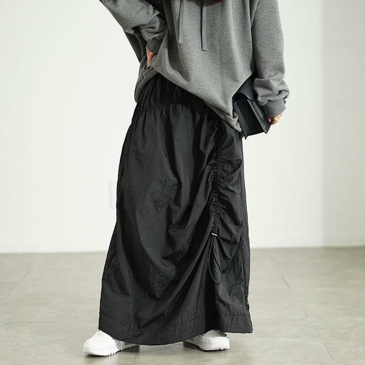 大きいサイズ レディース アシメドロストギャザースカート　fem-501 ブラック