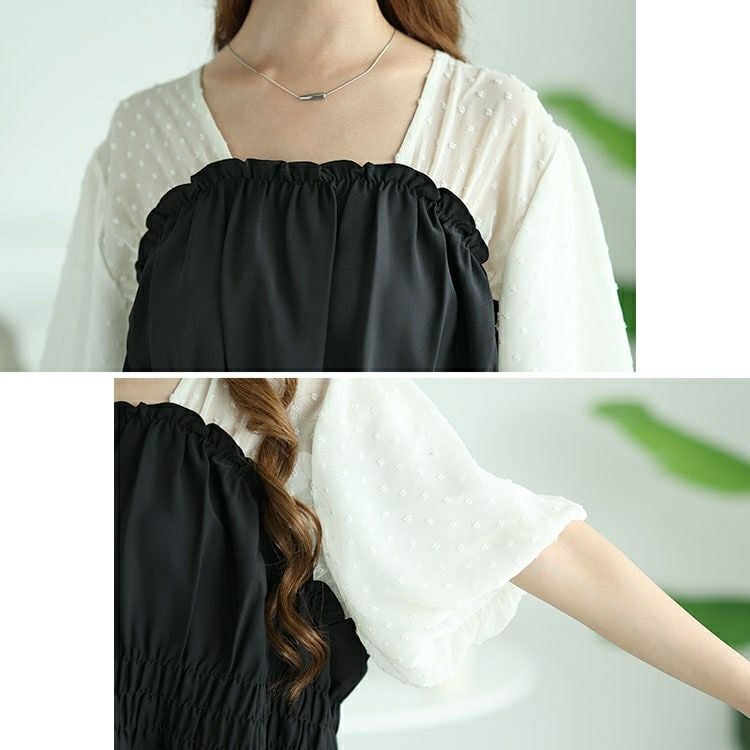 大きいサイズ レディース ペプラムビスチェドッキングドットドビーバルーンスリーブチュニック　nh240332