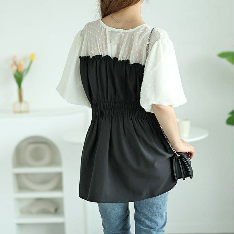 大きいサイズ レディース ペプラムビスチェドッキングドットドビーバルーンスリーブチュニック　nh240332