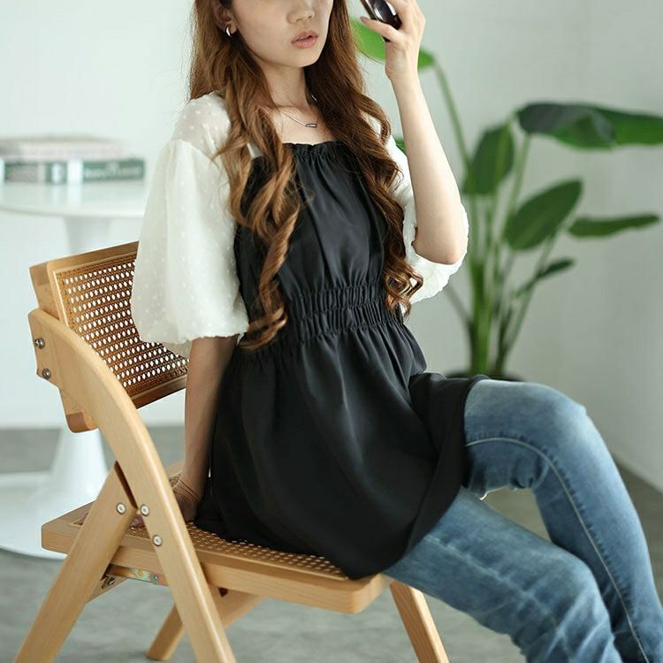 大きいサイズ レディース ペプラムビスチェドッキングドットドビーバルーンスリーブチュニック　nh240332