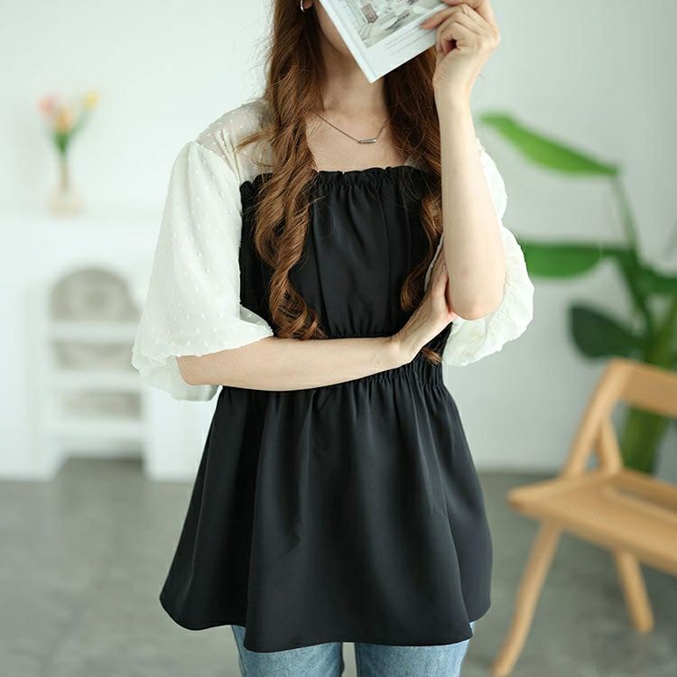 大きいサイズ レディース ペプラムビスチェドッキングドットドビーバルーンスリーブチュニック　nh240332