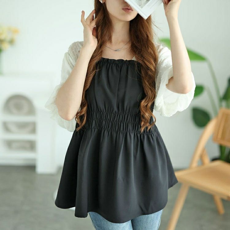 大きいサイズ レディース ペプラムビスチェドッキングドットドビーバルーンスリーブチュニック　nh240332