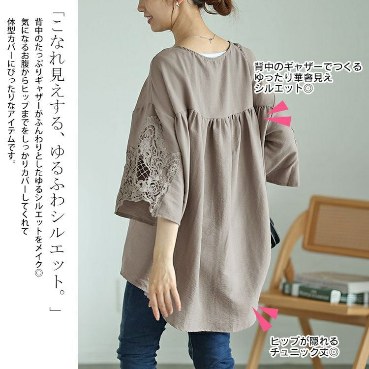 大きいサイズ レディース レースフレアスリーブバックギャザープルオーバー　nh240357 【メール便可】