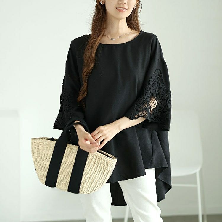 大きいサイズ レディース レースフレアスリーブバックギャザープルオーバー　nh240357 【メール便可】