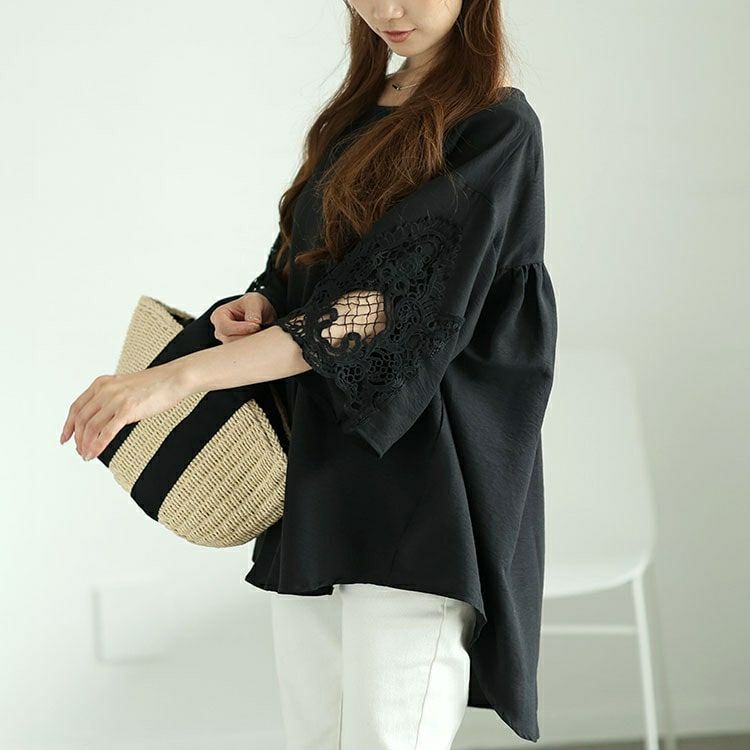 大きいサイズ レディース レースフレアスリーブバックギャザープルオーバー　nh240357 【メール便可】