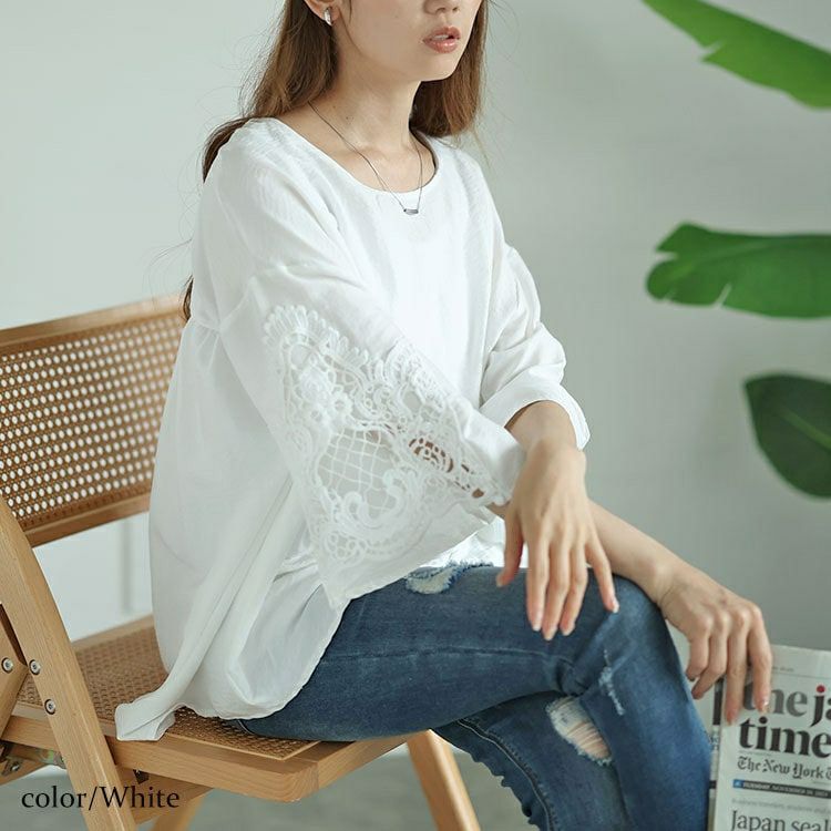 大きいサイズ レディース レースフレアスリーブバックギャザープルオーバー　nh240357 【メール便可】