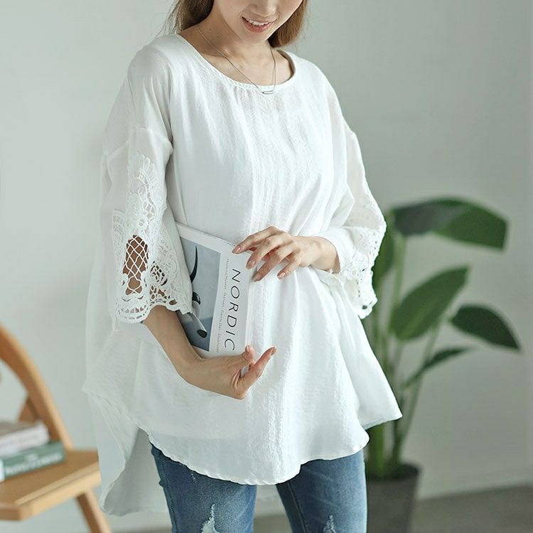 大きいサイズ レディース レースフレアスリーブバックギャザープルオーバー　nh240357 【メール便可】