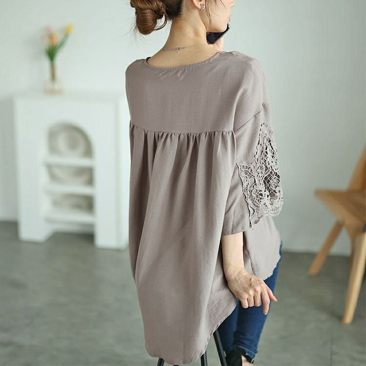 大きいサイズ レディース レースフレアスリーブバックギャザープルオーバー　nh240357 【メール便可】