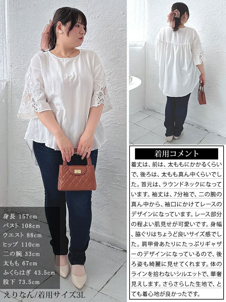 大きいサイズ レディース レースフレアスリーブバックギャザープルオーバー　nh240357 【メール便可】