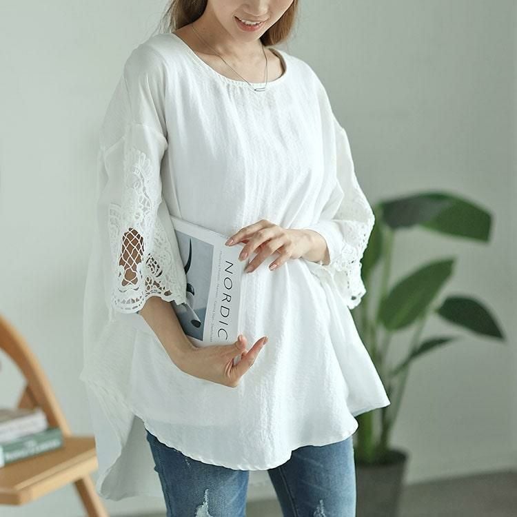 大きいサイズ レディース レースフレアスリーブバックギャザープルオーバー　nh240357 【メール便可】 ホワイト
