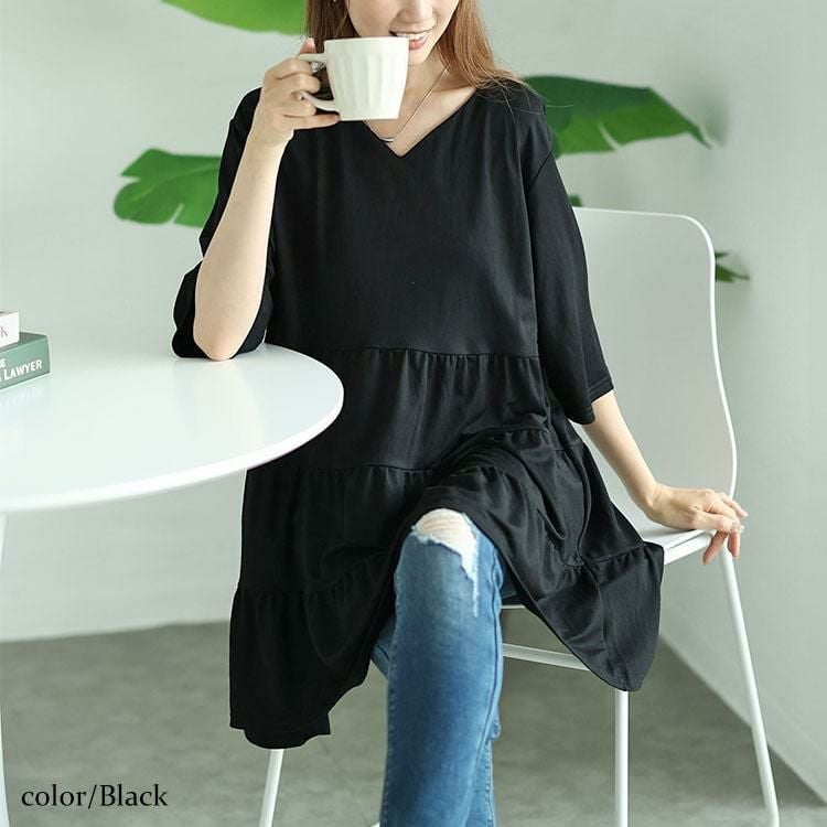 大きいサイズ レディース Vネックティアードチュニック　cast-5546010 【メール便可】 ブラック