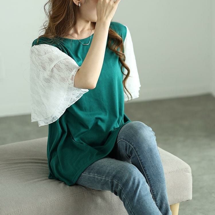 大きいサイズ レディース レースティアードスリーブプルオーバー　cast-5546004 【メール便可】 グリーン