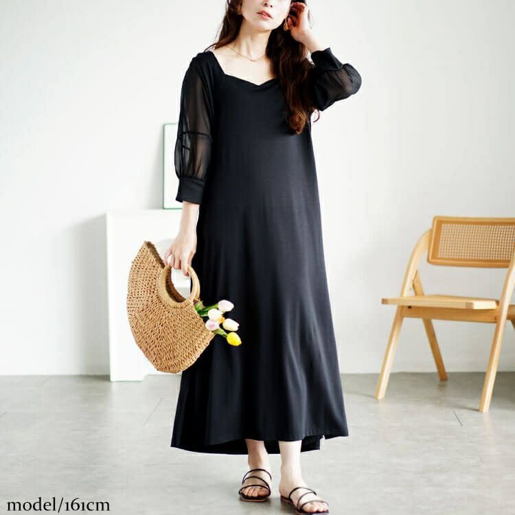 大きいサイズ レディース シアースリーブダイヤモンドネックワンピース　bro-0050 【メール便可】