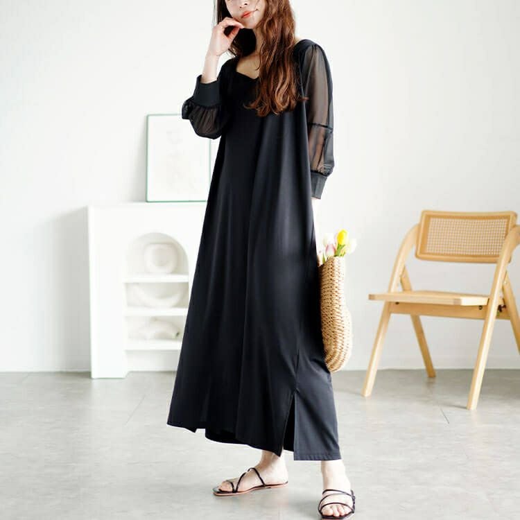 大きいサイズ レディース シアースリーブダイヤモンドネックワンピース　bro-0050 【メール便可】