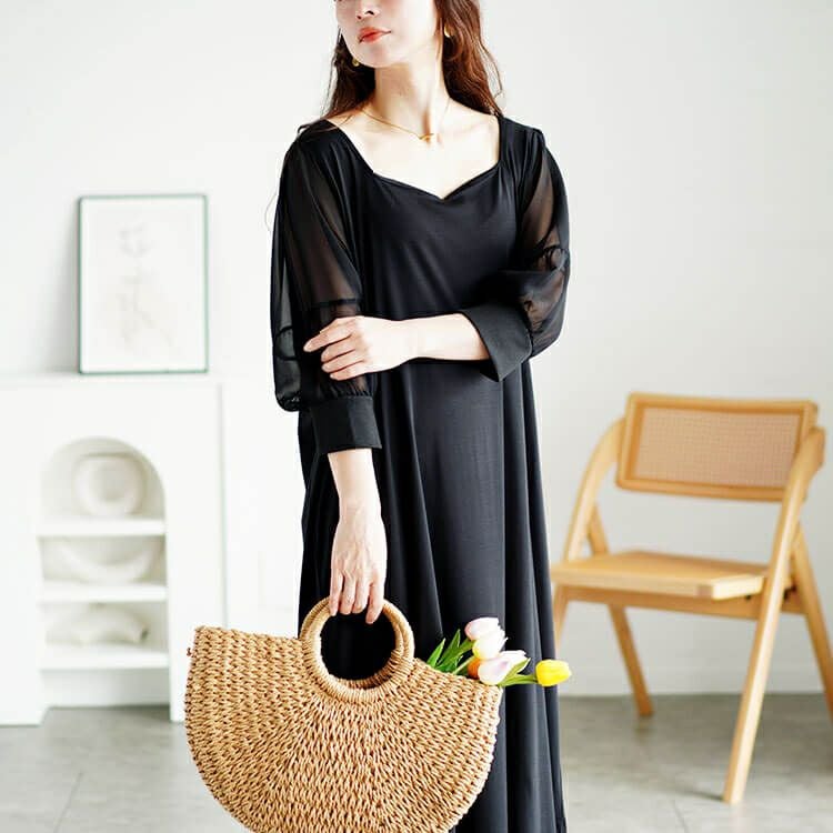 大きいサイズ レディース シアースリーブダイヤモンドネックワンピース　bro-0050 【メール便可】