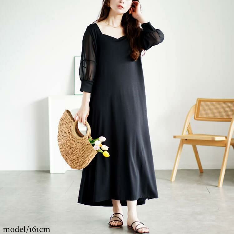 大きいサイズ レディース シアースリーブダイヤモンドネックワンピース　bro-0050 【メール便可】 ブラック