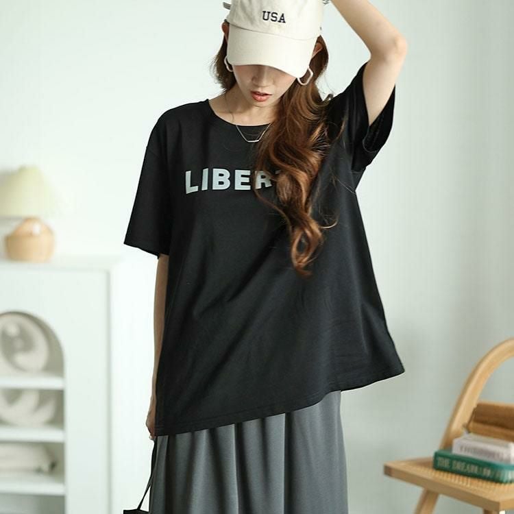 大きいサイズ レディース フロッキープリントロゴTシャツ　fem-505 【メール便可】 ブラック