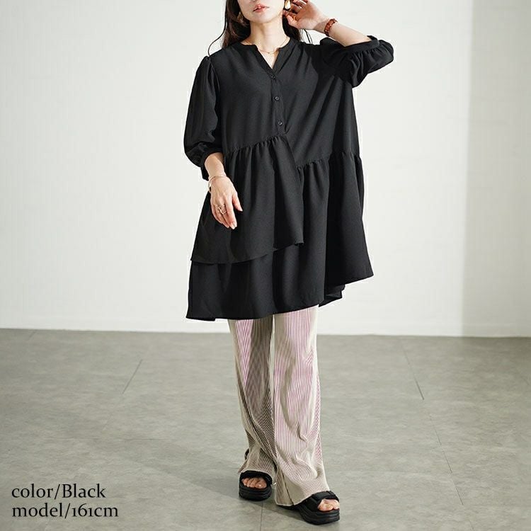 大きいサイズ レディース アシメティアードキーネックチュニック　fem-500