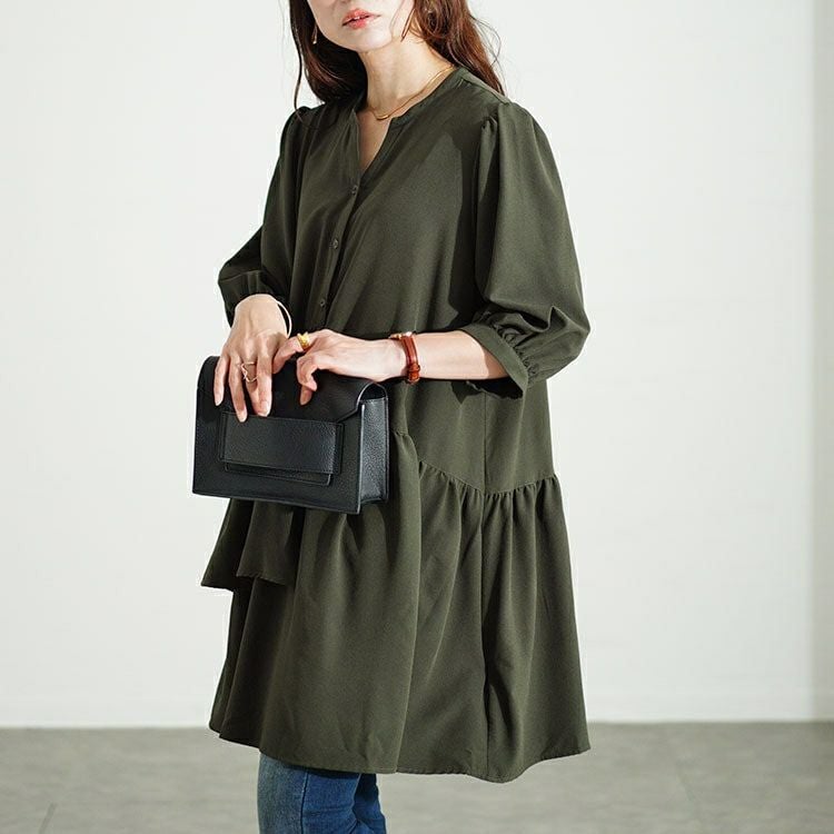 大きいサイズ レディース アシメティアードキーネックチュニック　fem-500