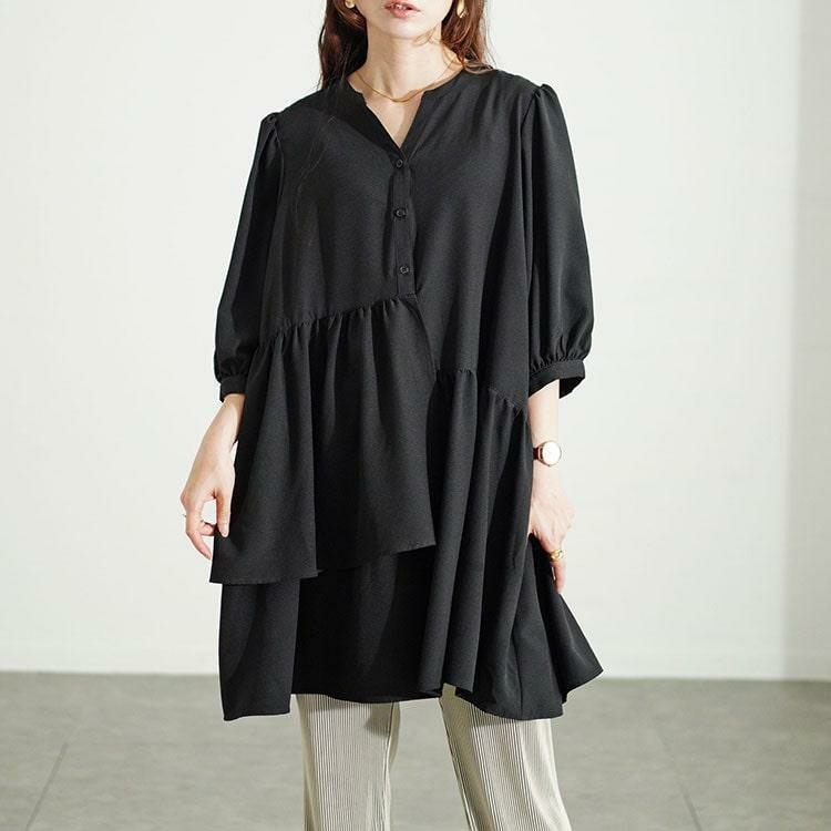 大きいサイズ レディース アシメティアードキーネックチュニック　fem-500 ブラック