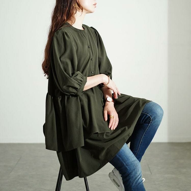 大きいサイズ レディース アシメティアードキーネックチュニック　fem-500 カーキ