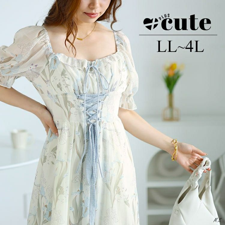 大きいサイズ レディース ウエストレースアップシフォンワンピース　goldy-1539