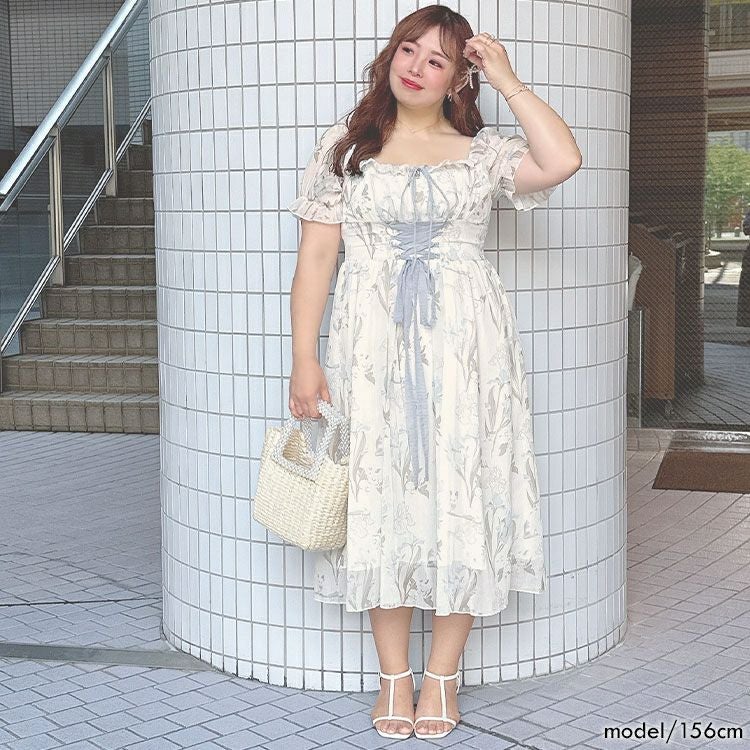 大きいサイズ レディース ウエストレースアップシフォンワンピース　goldy-1539