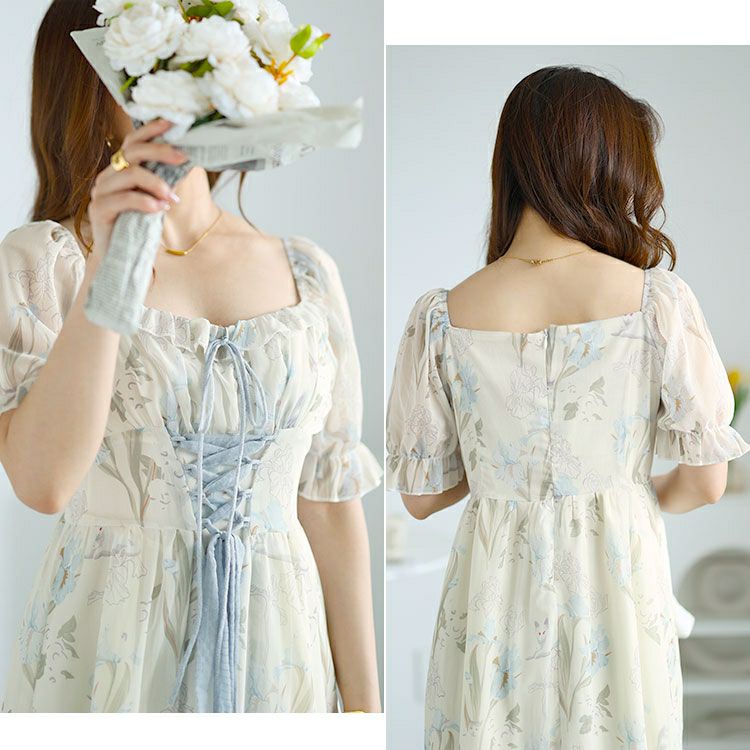 大きいサイズ レディース ウエストレースアップシフォンワンピース　goldy-1539