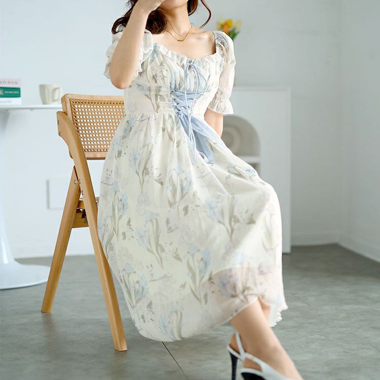 大きいサイズ レディース ウエストレースアップシフォンワンピース　goldy-1539