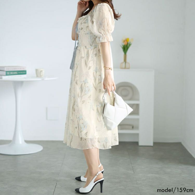 大きいサイズ レディース ウエストレースアップシフォンワンピース　goldy-1539