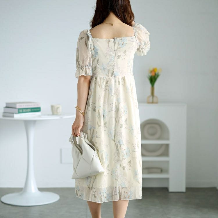 大きいサイズ レディース ウエストレースアップシフォンワンピース　goldy-1539