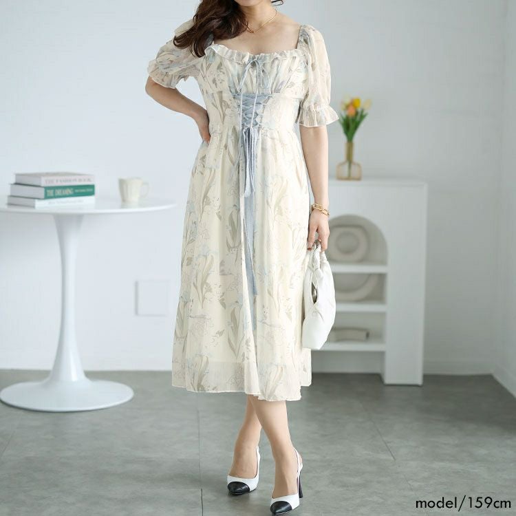 大きいサイズ レディース ウエストレースアップシフォンワンピース　goldy-1539