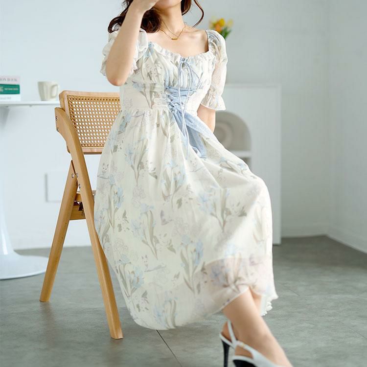 大きいサイズ レディース ウエストレースアップシフォンワンピース　goldy-1539 ホワイト